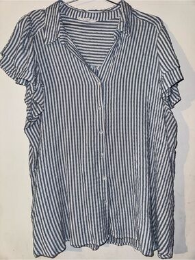 Blue and White Vertical Stripe Button-Front Blouse-2X